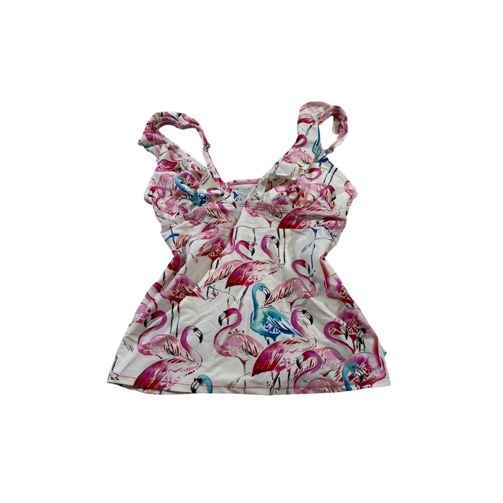 Crown & Ivy Tankini Top White Pink Flamingo Ruffles Swimwear Coastal Tropical S